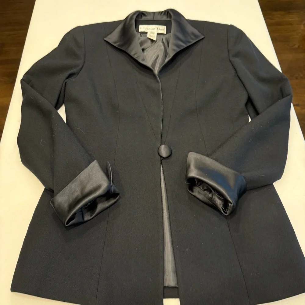 Christian Dior Women’s Black Wool Blazer With Satin Cuffs & Collar Sz 2P
